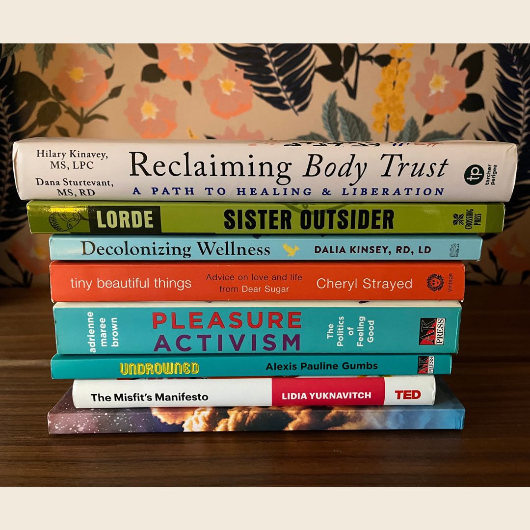 Books to Help Reclaim Body Trust - eight books stacked on top of each other